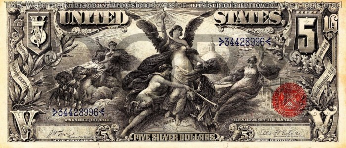 5 dolari 1896 Reproducere Bancnota USD , Dimensiune reala 1:1