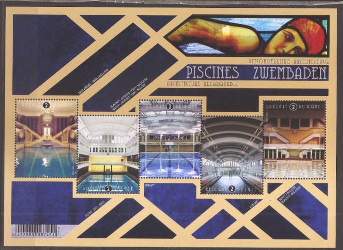 Belgia 2021 - Arhitectura piscinelor publice, 2 Colite (Colita DT + Colita SOUVENIR NDT, RARA), 4 poze, MNH