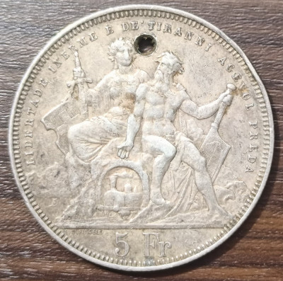 Moneda Elveția Argint - 5 Francs 1883 - Lugano foto