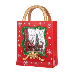 Decoratiune de Craciun, Flippy, Model Sacosa Cadou cu Mos Craciun si Ren, Iluminare LED si Efect Zapada, 23 x 15 x 7.3 cm, Rosu