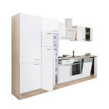 Mobilă de bucătărie Yorki 340, corp din stejar sonoma, față alb satinat cu element cuptor inferior, dulap cu rafturi și frigider cu congelator superio