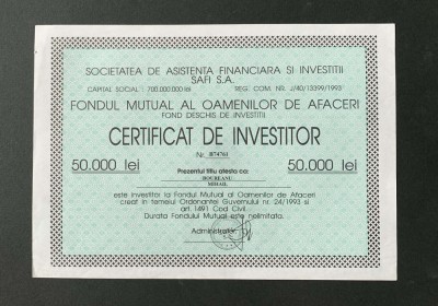 Societatea de Asistenta Financiara si Investitii Safi - Certificat - 1993 foto