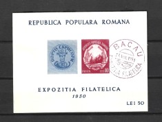ROMANIA 1950 - EXPOZITIA FILATELICA, COLITA, STAMPILA BACAU - LP 260