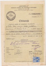 Chitanta Nationala societate generala de asigurare in Bucuresti 1934