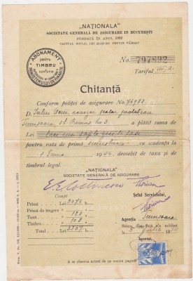 Chitanta Nationala societate generala de asigurare in Bucuresti 1934 foto