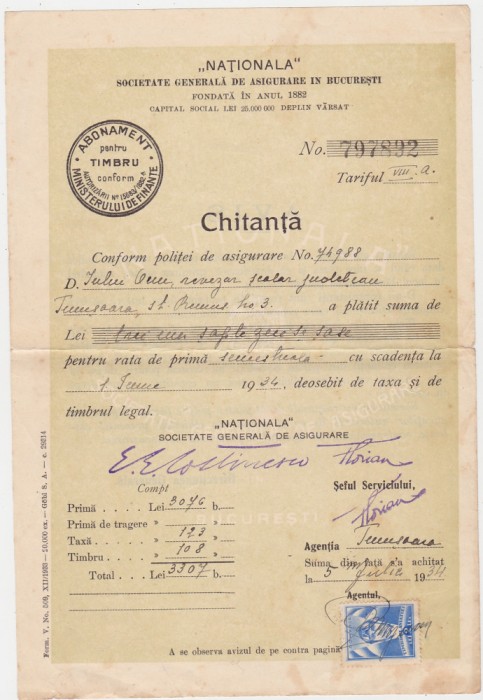 Chitanta Nationala societate generala de asigurare in Bucuresti 1934