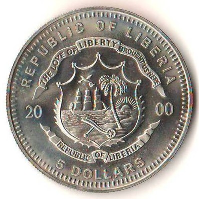 SV * Liberia FIVE DOLLARS / 5 DOLARI 2000 * PRIMUL OM PE LUNA * UNC foto