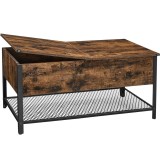 VASAGLE Masuta de cafea cu capac rabatabil, compartiment depozitare ascuns si raft plasa, industrial, 100x55x47cm, maro rustic si negru Household NewT