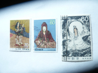 3 Timbre Arta , Pictura Japonia : 60y 1982 , 60y 1988 si 70y 1989 ,stampilate foto