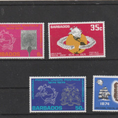 Barbados 1974-UPU,Centenar 1874-1974,serie 4 valori,dantelata,MNH,Mi.381-384