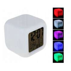 Ceas digital LED, 8 melodii, 7 culori, alarma, temperatura, calendar, data foto