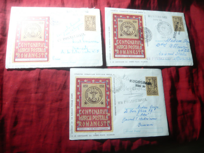 3 Plicuri Centenarul Marcii Postale Romanesti 1958 -cu postalionul , circulate