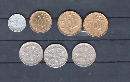 FINLANDA - 5,20, 50 PENNIA, 1 MARKKA. LOT 7 MONEDE DUPA 1980, VF