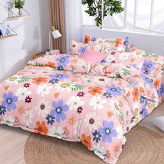 Lenjerie de pat pentru o persoana cu husa elastic pat si 2 fete perna dreptunghiulara, Marigold, bumbac ranforce, gramaj tesatura 120 g/mp, multicolor