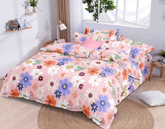 Lenjerie de pat pentru o persoana cu husa elastic pat si 2 fete perna patrata, Marigold, bumbac ranforce, gramaj tesatura 120 g/mp, multicolor, 4 pies