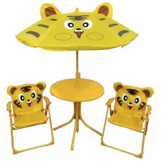 Set mobilier gradina/terasa pentru copii, pliabil, galben, model tigru, 1 masa cu umbrela, 2 scaune, Melisenda foto