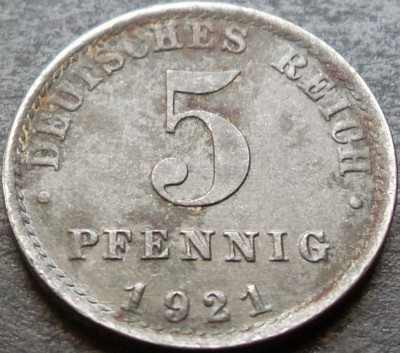 Moneda ISTORICA 5 PFENNIG - IMPERIUL GERMAN, anul 1921 * cod 3179 foto
