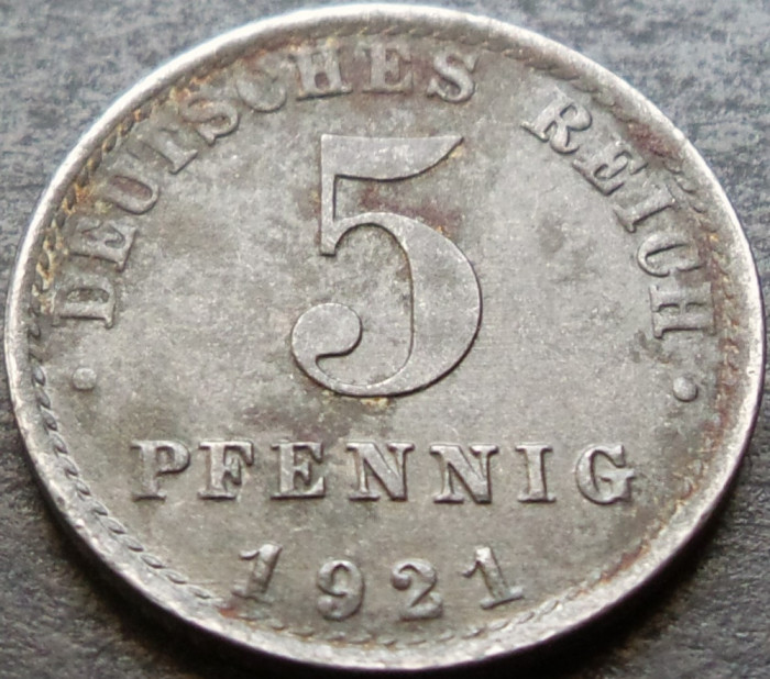 Moneda ISTORICA 5 PFENNIG - IMPERIUL GERMAN, anul 1921 * cod 3179