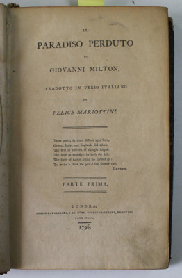 IL PARADISO PERDUTO di GIOVANNI MILTON , tradotto in verso italiano da FELICE MARIOTTINI , PARTILE I - II , COLEGAT , 1796 foto