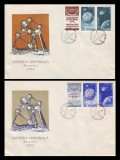 1958 Romania - 2 FDC Sateliti artificiali ai Pamantului, cu supratipar (tripticuri cu viniete), LP 459 a