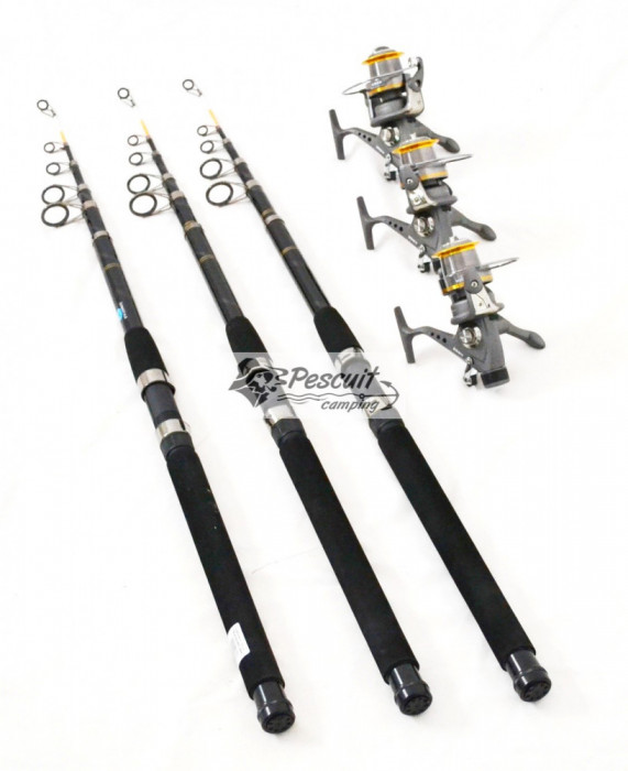 Set 3 Lansete 3.6m Telescop Carbon 100%, Act 200g-300g Cu 3 Mulinete Long Cast