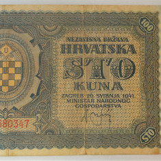 Bancnota istorica 100 KUNA - CROATIA ocupatie fascista, anul 1941 *cod 606