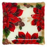 Platou Sticla, 30x30 cm, Margine Valuroasa, Model Craciunite si Vasc, Rosu