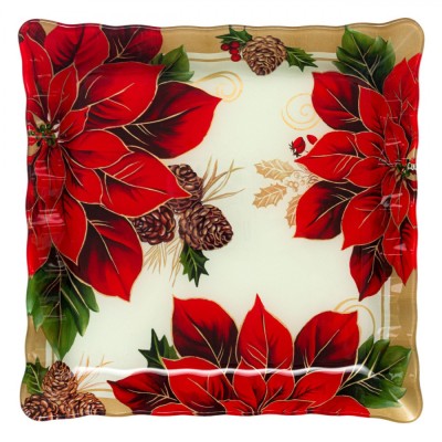 Platou Sticla, 30x30 cm, Margine Valuroasa, Model Craciunite si Vasc, Rosu foto