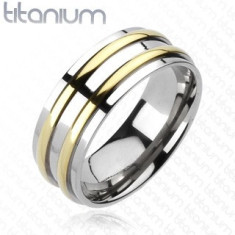 Inel din titan - argintiu, două dungi aurii - Marime inel: 67