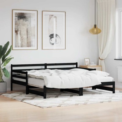 vidaXL Pat de zi cu extensie, negru, 90x200 cm, lemn masiv de pin 836149 foto
