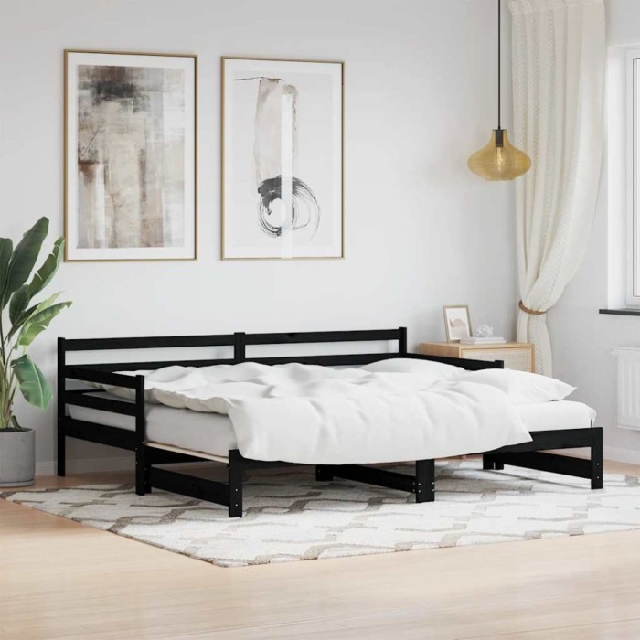 vidaXL Pat de zi cu extensie, negru, 90x200 cm, lemn masiv de pin 836149