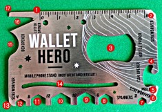 Unealta Multifunctionala Wallet Hero marime card bancar, 5 x 5.4x 0.1 cm, 52 grame, 17 functii utile: birou ,casa sau calatorie. Din otel inoxidabil