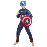 Cumpara ieftin Set costum clasic cu muschi Captain America si scut cu sunete si lumini pentru baiat 3-5 ani 95-110 CM