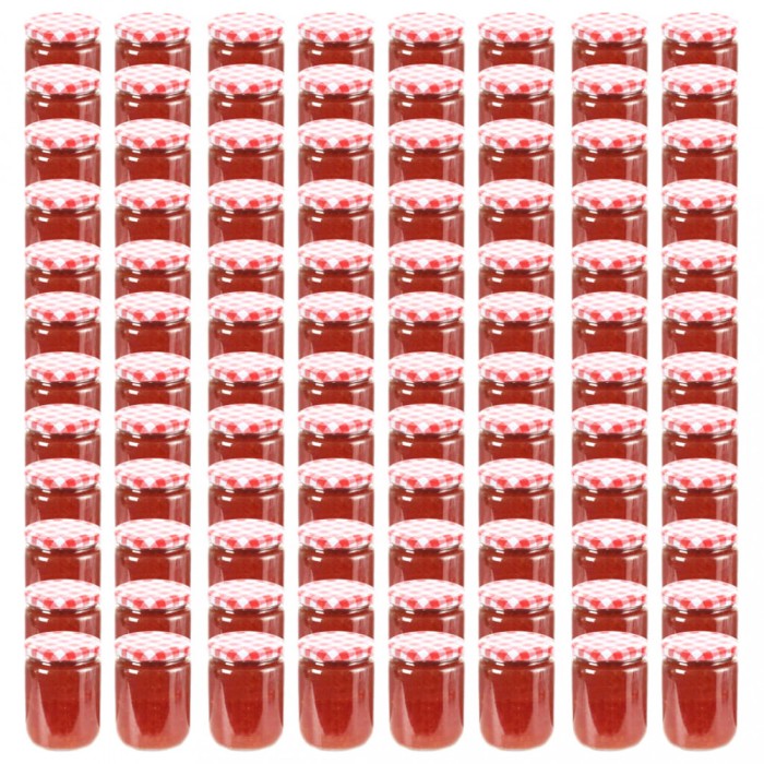 Borcane de sticlă pentru gem capace alb &amp; roșu 96 buc. 230 ml