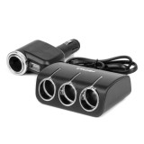 Distribuitor triplu priza bricheta auto cu USB-A si aprindere 12/24V 120W