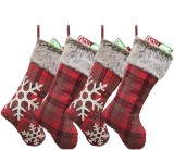 Set de 4 ciorapi de Craciun Wuudi, bumbac, rosu/gri, 47,5 x 22 cm