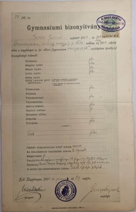 Certificat de gimnaziu Baia Mare gymnasiumi bizonyitvany in lb maghiara 1900