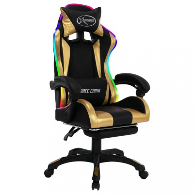 vidaXL Scaun de racing cu LED RGB, auriu și negru, piele ecologică foto