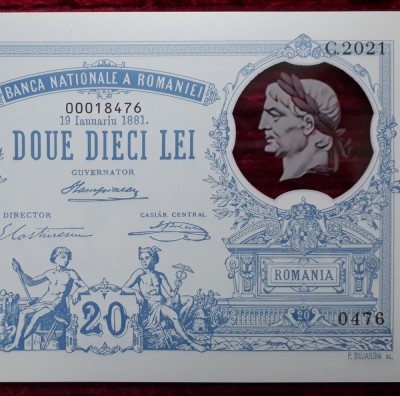 20 lei 1881 Prima bancnota romaneasca Romania+pliant+plic BNR emisa 2021 polimer foto