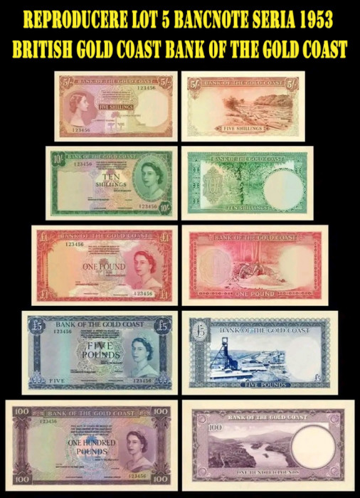 Reproducere lot 5 Bancnote seria 1953 British Gold Coast Bank of The Gold Coast