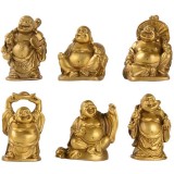 Set 6 Buddha veseli in cutie rosie, simbol al fericirii, mini statuete feng shui auriu