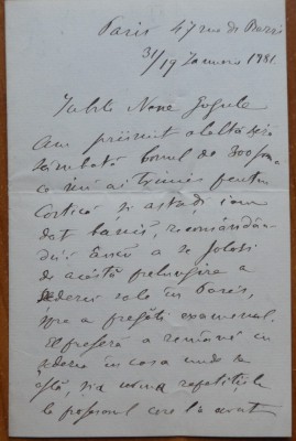 Scrisoare expediata de Alexandru Odobescu, scrisa olograf, pe hartie cu filigran, Paris 1881, 4 pagini foto