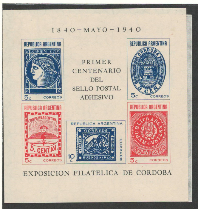 Argentina 1940 Mi 451/55 bl 4 MNH - 100 de ani de timbre