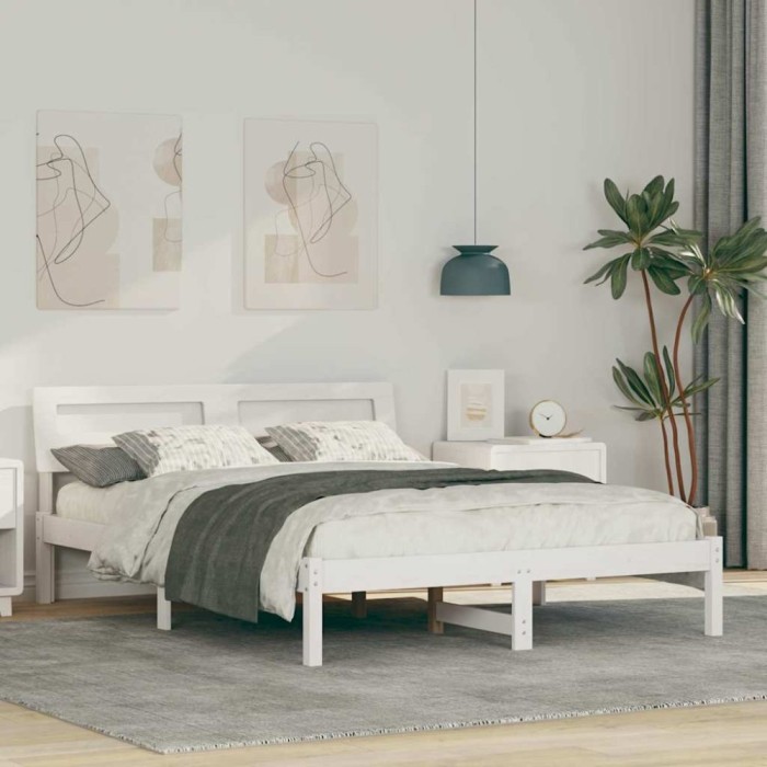 Cadru de pat cu headboard Alb 135 x 190 cm Lemn masiv de pin