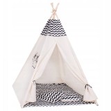 Cort copii Sersimo stil indian Teepee Tent cu fereastra, covoras gros si 2 perne, alb negru zig zag Household NewTrend