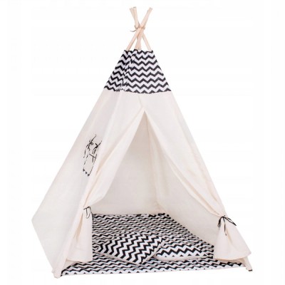 Cort copii Sersimo stil indian Teepee Tent cu fereastra, covoras gros si 2 perne, alb negru zig zag Household NewTrend foto