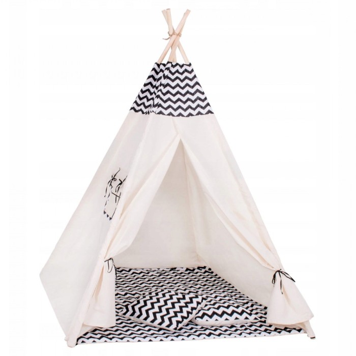 Cort copii Sersimo stil indian Teepee Tent cu fereastra, covoras gros si 2 perne, alb negru zig zag Household NewTrend