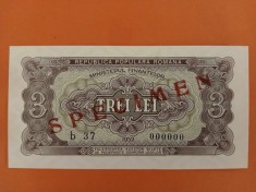 Bancnota 3 lei 1952 specimen - UNC++++