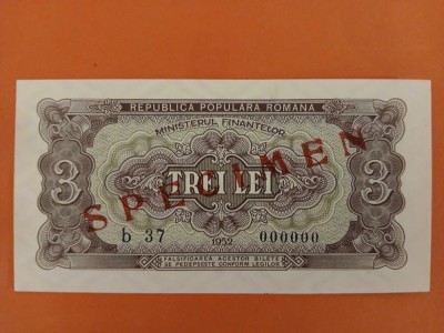 Bancnota 3 lei 1952 specimen - UNC++++ foto