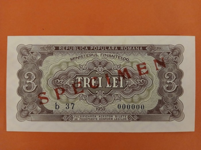 Bancnota 3 lei 1952 specimen - UNC++++